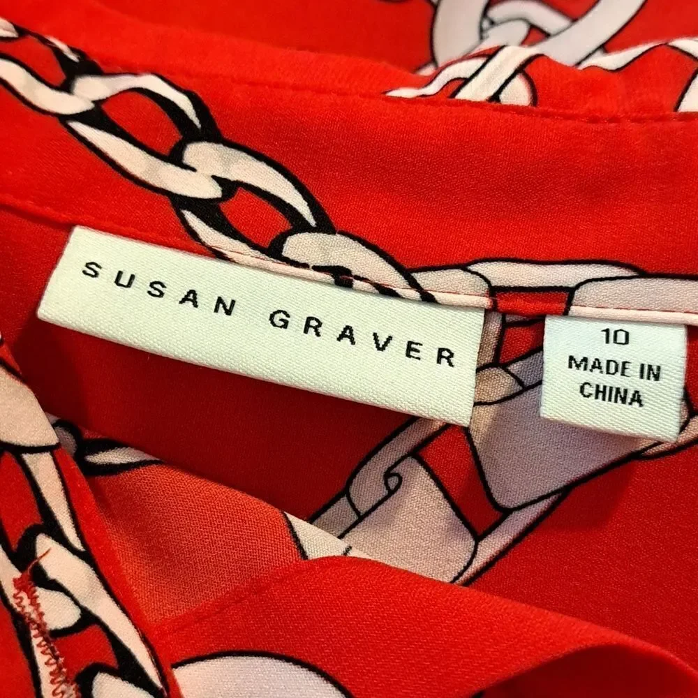 Susan Graver Women’s Size 10 Blouse Red White Chain Print Long Sleeve Top Tie Up